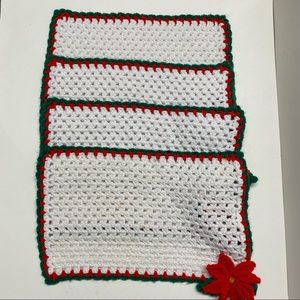 Vintage Crocheted Christmas White Placemats Poinsettia Handcrafted Set of 4